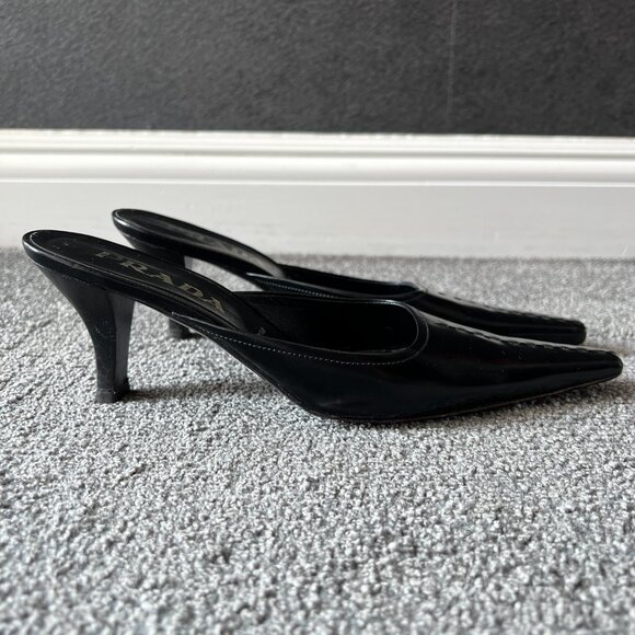 Prada Mules Black Leather Slip On Kitten Heels Slides Shoes Size 37 Made Italy - Picture 7 of 16